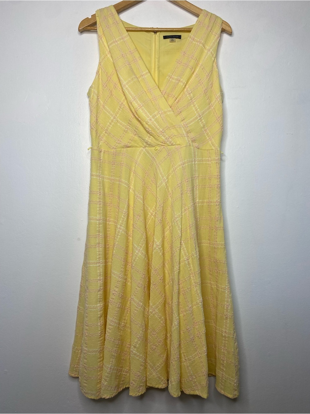 Textured A line Midi Dress faux wrap top Size 10 Pastel Yellow